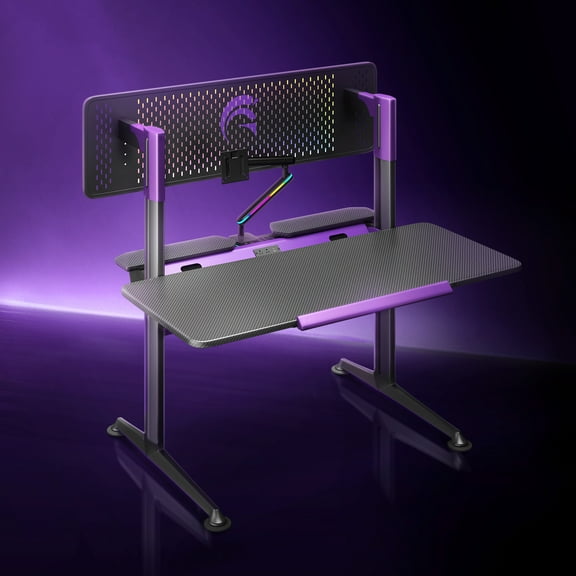 RSPGAME G Series Gaming Desk, 55" Gaming Desk & RGB LED Lights, RGB Integrated Monitor Stand and Pegboard, Ergonomic Gamer Desk with Power Outlets and Cable Management System, Black Purple