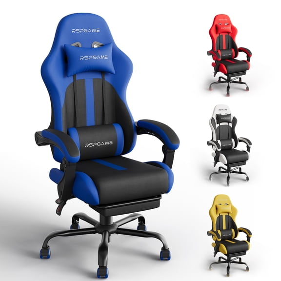 RSPGame Ergonomic Gaming Chairs for Adults,Pocket Spring Cushion,PU Leather Office Chairs with Lumbar Support and Retractable Footrest,Home and Office Computer Chairs-Blue Racing
