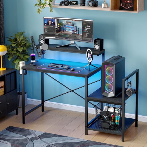 RSPGAME LED Gaming Desk with Monitor Stand, 47 inch Reversible Computer Desk for Home Office, Carbon Fiber Black