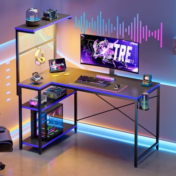 RSPGAME 42 inch L-Shaped Gaming Desk for Small Space, Home Office PC Table with LED Lights, Carbon Fiber Blue