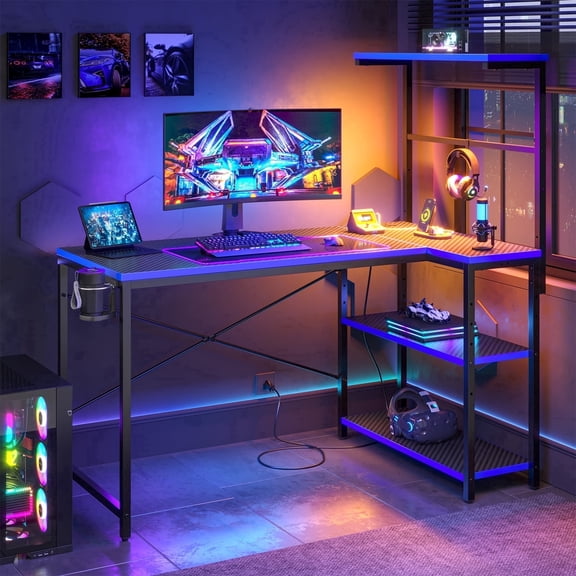 RSPGAME LED Gaming Desk with Power Outlets, Computer Desk Home Office PC Table, Carbon Fiber Blue