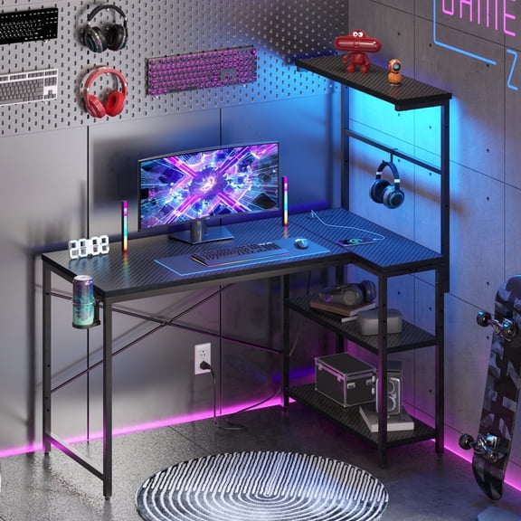 RSPGAME LED Gaming Desk with Power Outlets, Reversible Computer Desk Home Office PC Table, Carbon Fiber Black