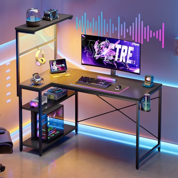 RSPGAME 41 inch Small L-Shaped Gaming Desk Home Office PC Table with LED Lights, Carbon Fiber Black
