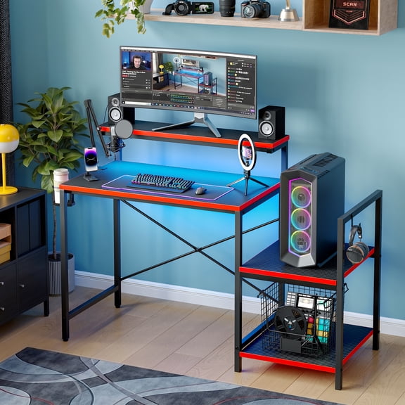 RSPGAME LED Gaming Desk with Monitor Stand, 47 inch Reversible Computer Desk for Home Office, Black & Red