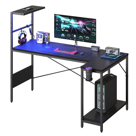 RSPGAME 57 Inch Gaming Desk featuring RGB LED Lights & Extra Large Space, Reversible L-Shaped Desk with Hook, Cup Holder & Display Shelf Hutch, Home Office Desk, Carbon Fiber Black