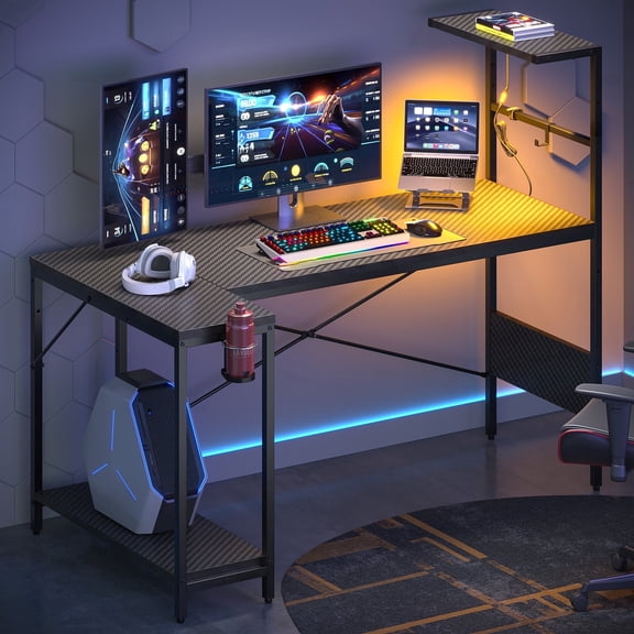 RSPGAME 57 Inch Gaming Desk featuring RGB LED Lights & Extra Large Space, Reversible L-Shaped PC Desk with Hook, Cup Holder & Display Shelf Hutch, Computer Desk, Carbon Fiber Black