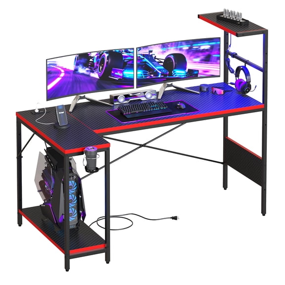 RSPGAME 57 Inch L-Shaped Gaming Desk with RGB LED Lights,Multi-Power Outlets & Hutch, Gamer Desk for Bedroom with Hook, Cup Holder & Display Shelf, Home Office Desk,Carbon Fiber Black and Red