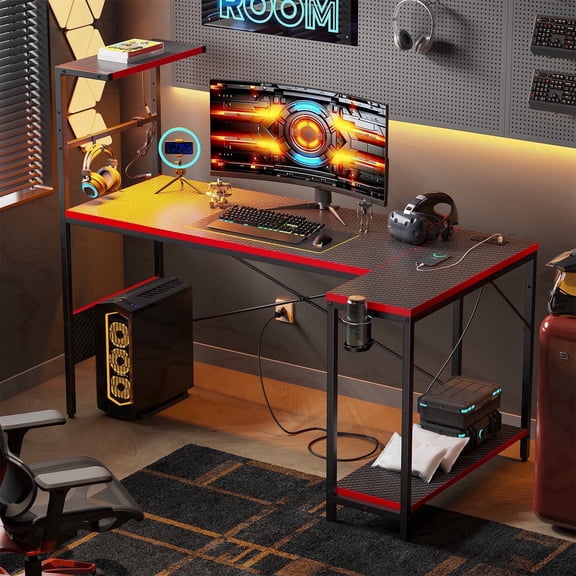 RSPGAME 57 Inch L-Shaped Gaming Desk with RGB LED Lights,Multi-Power Outlets & Hutch, Gamer Desk for Bedroom with Hook, Cup Holder & Display Shelf, Home Office Desk,Carbon Fiber Black and Red