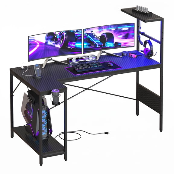 RSPGAME 57 Inch L-Shaped Gaming Desk with RGB LED Lights,Multi-Power Outlets & Hutch, Gamer Desk for Bedroom with Hook, Cup Holder & Display Shelf, Home Office Desk,Carbon Fiber Black