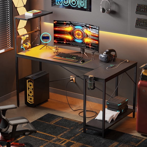 RSPGAME 57 Inch L-Shaped Gaming Desk with RGB LED Lights,Multi-Power Outlets & Hutch, Computer Desk for Bedroom with Hook, Cup Holder & Display Shelf, Home Office and PC Desk,Carbon Fiber Black