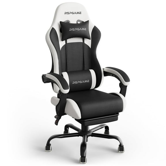 RSPGame Ergonomic Gaming Chairs for Adults,Pocket Spring Cushion,PU Leather Office Chairs with Lumbar Support and Retractable Footrest,Home and Office Computer Chairs-White Racing