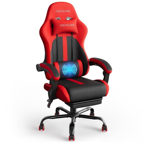 RSPGame Massage Ergonomic Gaming Chairs for Adults,Pocket Spring Cushion,PU Leather Office Chairs with Lumbar Support and Retractable Footrest,Home and Office Computer Chairs-Red Racing