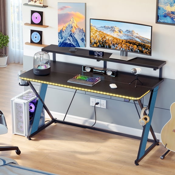 RSPGAME 47" Gaming Desk with Music Sync LED Light, X-Shape Ergonomic Gamer Desk with Monitor Stand, Dynamic RGB Lighting, PC Computer Desk for Home Office, Blue Leg