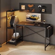 RSPGAME Gaming Desk with LED Lights, 52 Large Computer Desk with Reversible Shelves, PC Gamer Desk with Side Storage Bag, Hooks and Height Adjustable Shelf for Home Office, Black