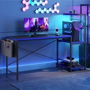 RSPGAME Gaming Desk with LED Lights, 61 Large Computer Desk with Reversible Shelves, PC Gamer Desk with Side Storage Bag, Hooks and Height Adjustable Shelf for Home Office, Blue