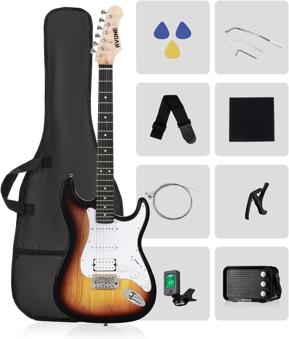 RST-150 39"Beginner Electric Guitar Kit with Amplifier, Classic HSS Pickup, Electric Guitar with Gig Bag, Capo, Strap, Extra Strings, Digital Tuner, 3 Picks, Cleaning Cloths (3-Sunburst)