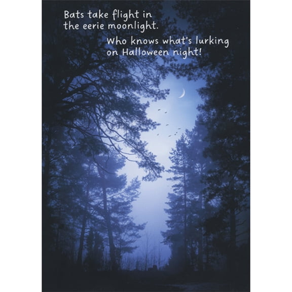 RSVP Bats Take Flight in Eerie Moonlight: Bats Flying over Forest in Night Sky Halloween Card