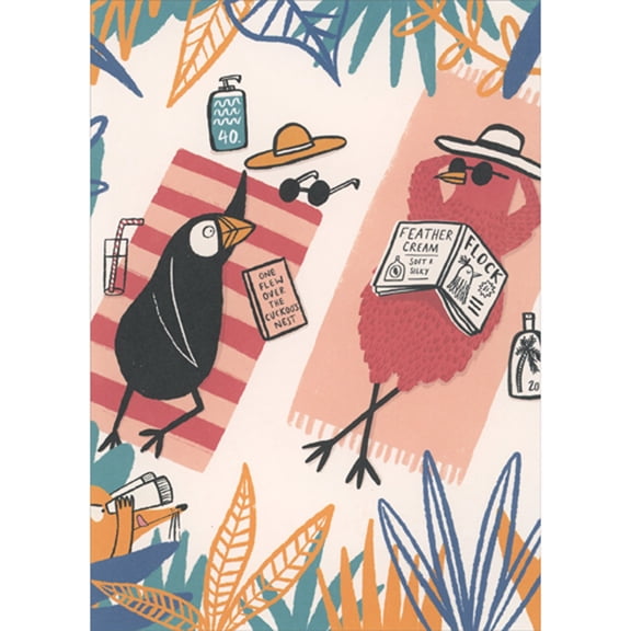 RSVP Birds Relaxing with Books on Beach Towels Funny Birthday Card