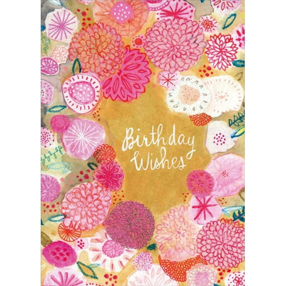 RSVP Birthday Wishes : Pink and White Blossoms On Gold Feminine Birthday Card for Her : Woman