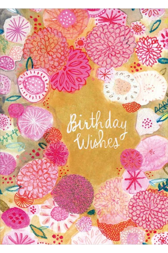 RSVP Birthday Wishes : Pink and White Blossoms On Gold Feminine Birthday Card for Her : Woman