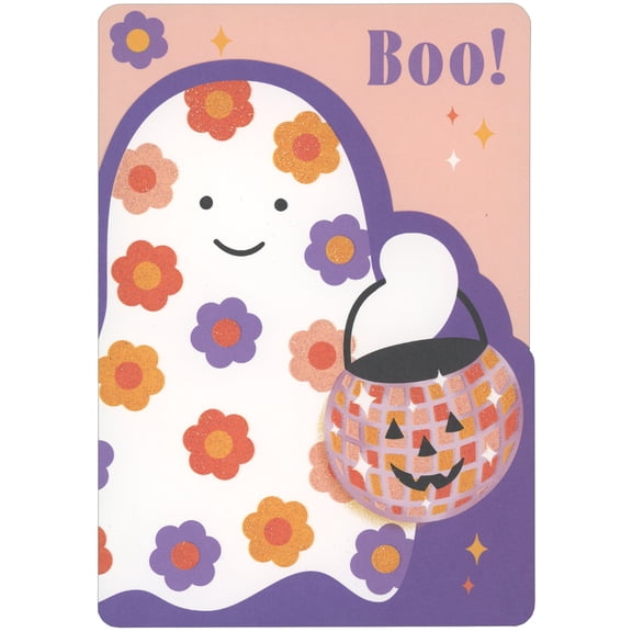RSVP Boo: Cute Ghost Decorated with Yellow, Orange and Purple Flowers Halloween Card for Girl