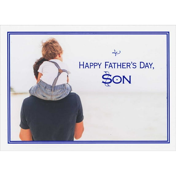RSVP Boy in Blue Overalls Carried on Dad's Shoulders Photograph Father's Day Card for Son