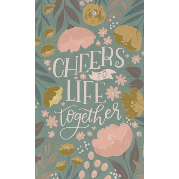 RSVP Cheers To Life Together: Pink and Gold Foil Flowers on Green Money Holder / Gift Card Holder Congratulations Wedding Card