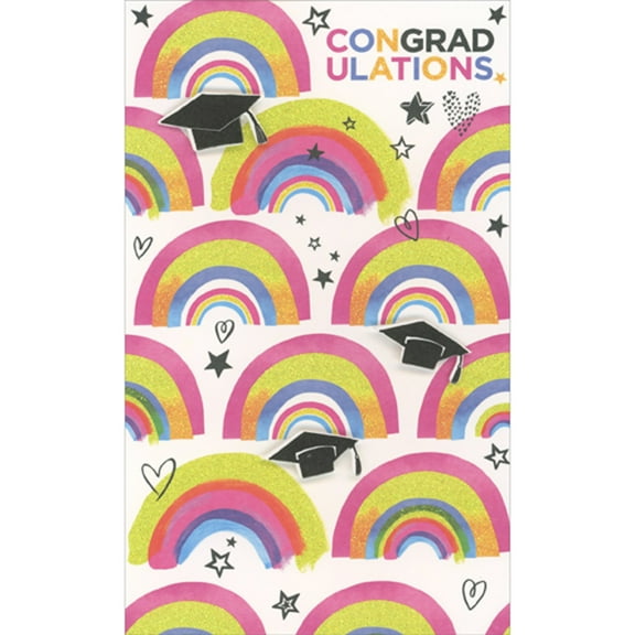 RSVP Congrad Ulations Rainbows, 3D Die Cut Grad Caps, Hearts and Stars Hand Decorated Money Holder / Gift Card Holder Graduation Congratulations Card