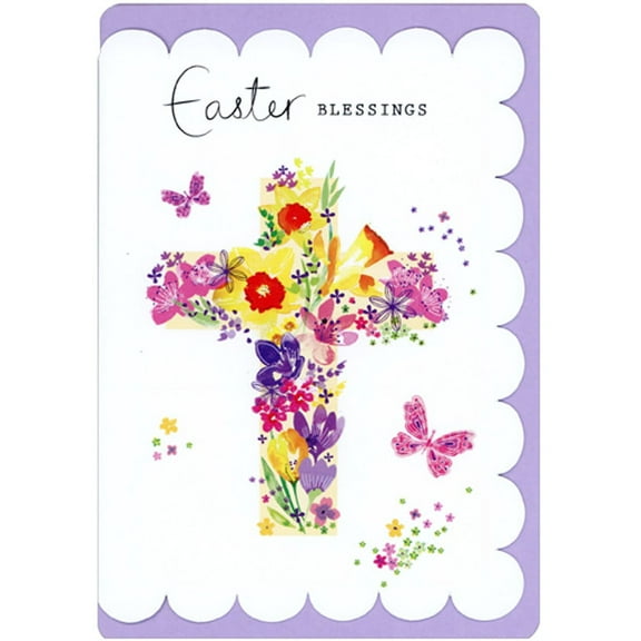 RSVP Cross of Flowers and Butterflies Scalloped Border Religious Easter Card
