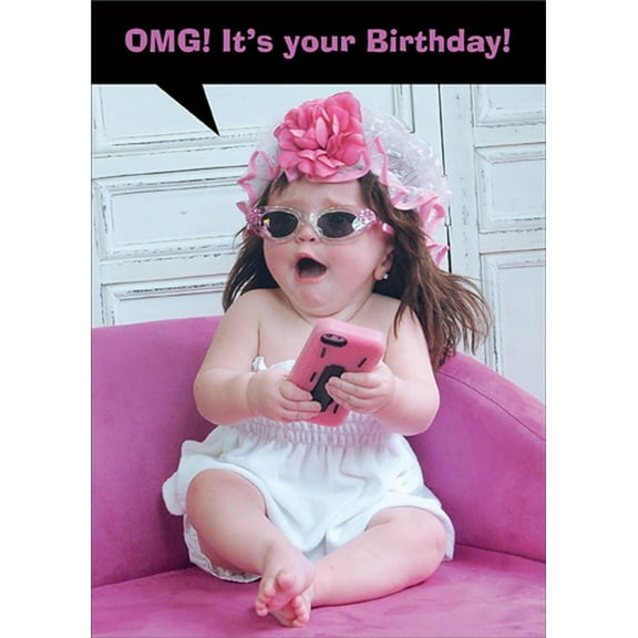 RSVP Cute Baby Girl Holding Pink Cell Phone Funny / Humorous Birthday Card
