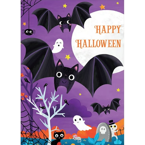 RSVP Cute Bats, Ghosts, Spiders and Full Moon in Purple Sky Tri-Fold Juvenile Halloween Card for Kid : Kids : Children
