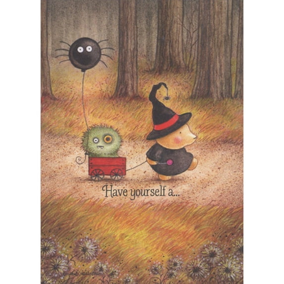 RSVP Cute Witch Bear, Wagon and Cute Monster Holding Spider Balloon Halloween Card
