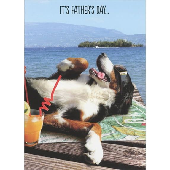 RSVP Dog Relaxing on Towel on Wooden Dock at Lake Funny / Humorous Father's Day Card