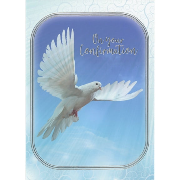 RSVP Dove in Flight on Blue Sky Inside Three Silver Foil Lines Frame Confirmation Congratulations Card