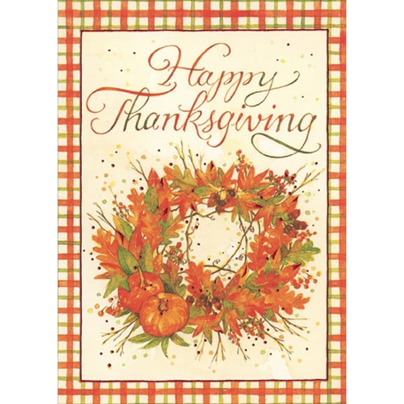 RSVP Fall Leafy Wreath, Two Pumpkins and Checkered Border Thanksgiving Card