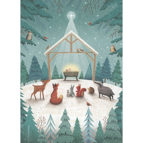 RSVP Forest Animals Gathering to See Baby Jesus in Manger Religious Christmas Card