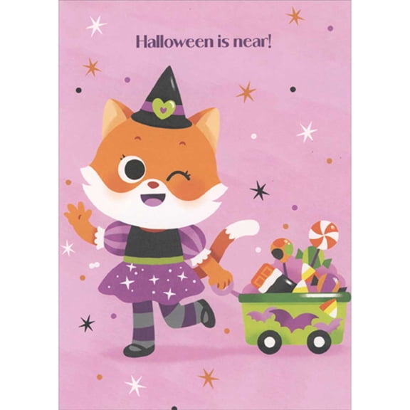 RSVP Fox Wearing Witch Costume Pulling Wagon of Treats Halloween Card for Girl