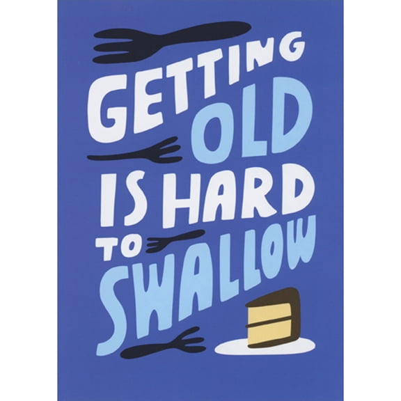 RSVP Getting Old Is Hard to Swallow: Cake and Plate on Blue Funny Birthday Card