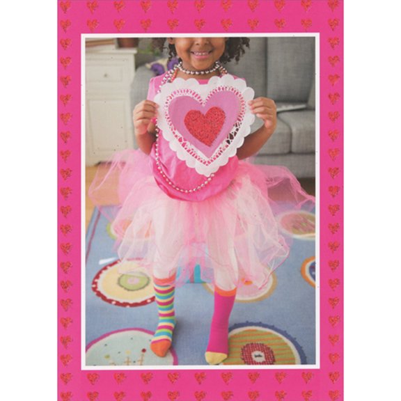 RSVP Girl in Pink Tutu Holding Scalloped Edge Heart with Sparkling Red Center Feminine Valentine's Day Card for Her
