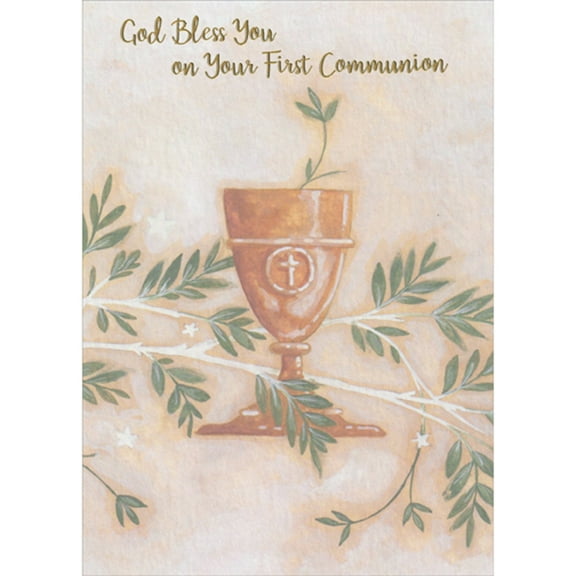RSVP God Bless You: Brown Chalice and Green Leaves on White Branches 1st / First Communion Congratulations Card
