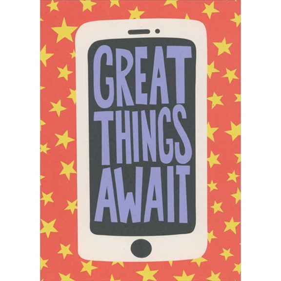 RSVP Great Things Await Phone: Yellow Stars on Orange Border High School Graduation Card