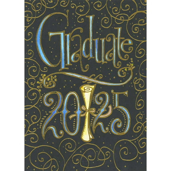 RSVP Greetings Graduate 2025 Diploma: Blue and Gold Foil Extravagant Font and Swirls Graduation Card