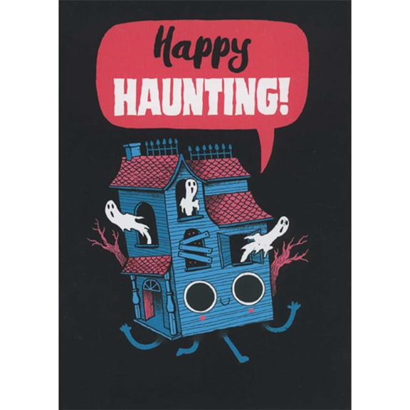 RSVP Happy Haunting: Blue House with Three Ghosts Halloween Card