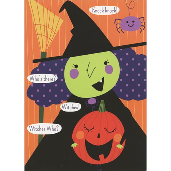 RSVP Knock Knock Joke Cute Witch, Pumpkin and Spider Juvenile Halloween Card for Young Girl