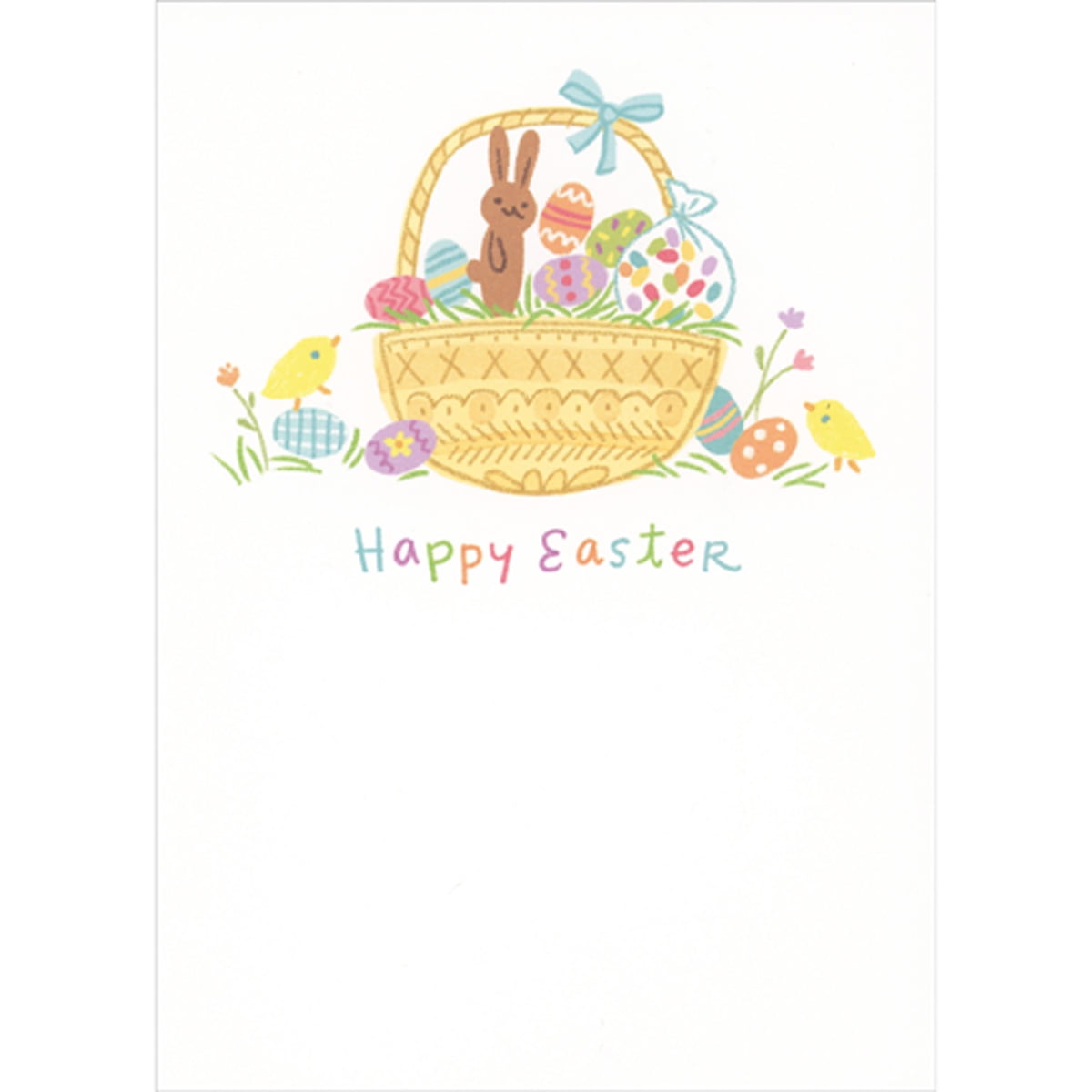 RSVP Light Brown Basket with Blue Ribbon, Chocolate Bunny, Eggs, Jelly Beans and Chicks Easter Card