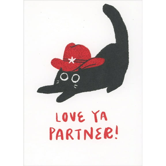 RSVP Love Ya Partner: Black Cat with Sparkling Red Cowboy Hat Valentine's Day Card for Wife, Husband, Boyfriend, Girlfriend, Her, Him
