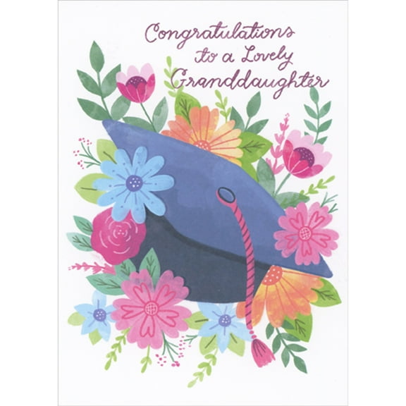 RSVP Lovely Granddaughter: Cap with Pink Tassle Inside Blue, Pink and Orange Flowers Graduation Congratulations Card