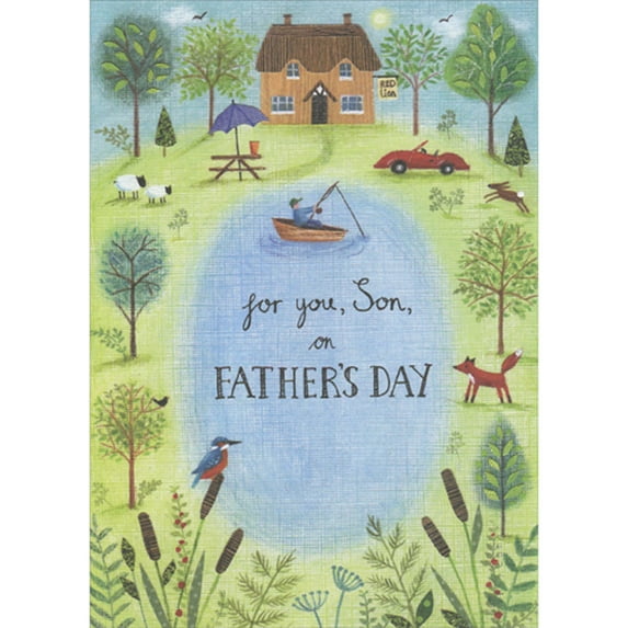 RSVP Man in Boat Fishing in a Pond, Lake House, Trees and Wildlife Father's Day Card for Son