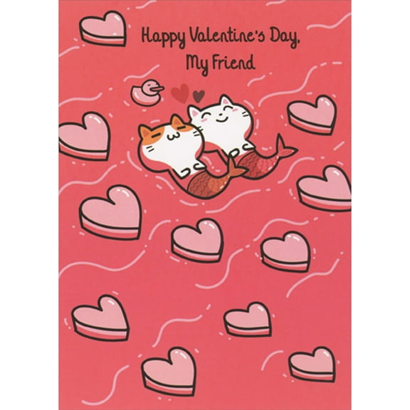 RSVP Mermaid Cats Floating with Pink Hearts and Small Duck Valentine's Day Card for Friend