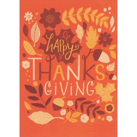 RSVP Mixed Fonts Happy Thanks Giving: Acorns, Flowers and Leaves on Orange Thanksgiving Card